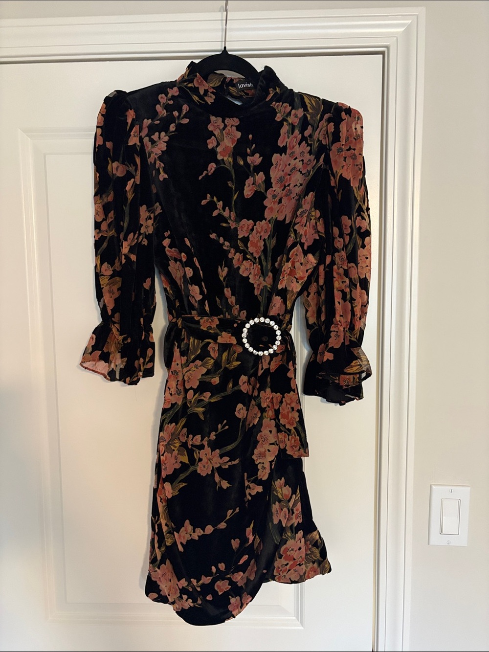 Lavish Alice Black Velvet Mini Dress with Dusty Rose Floral